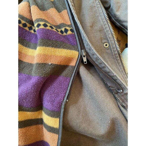 Vintage Cabelas Womens Brown Canvas Long Coat With Striped Fleece Lining Size M - Picture 6 of 13